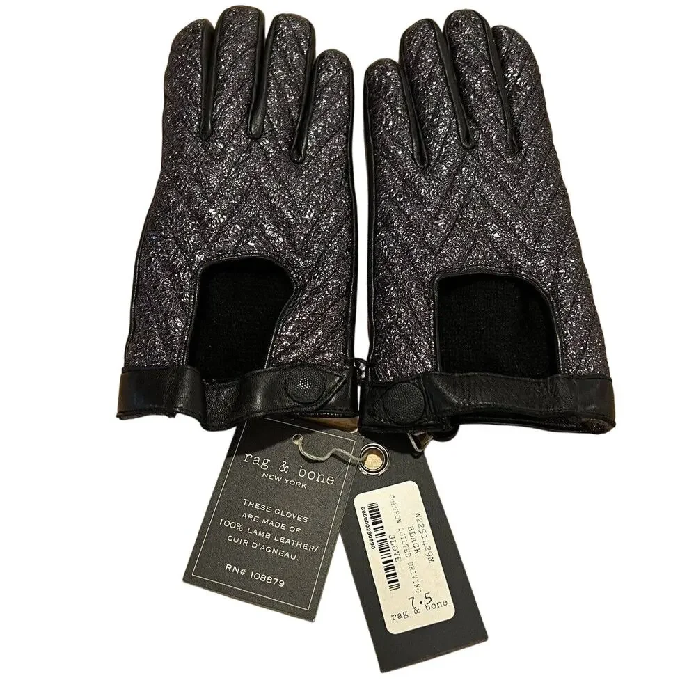 Rag & Bone Gloves Lamb Leather Black Chevron Quilted Driving Size 7.5 NWT